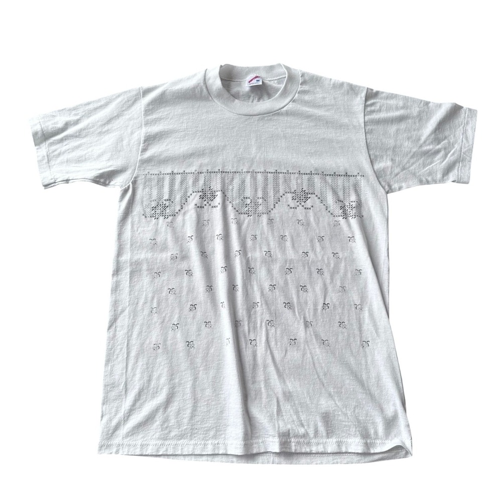 Vintage Jerzees T Shirt Mens Medium White Cross Stitch Graphic Made in USA Tee